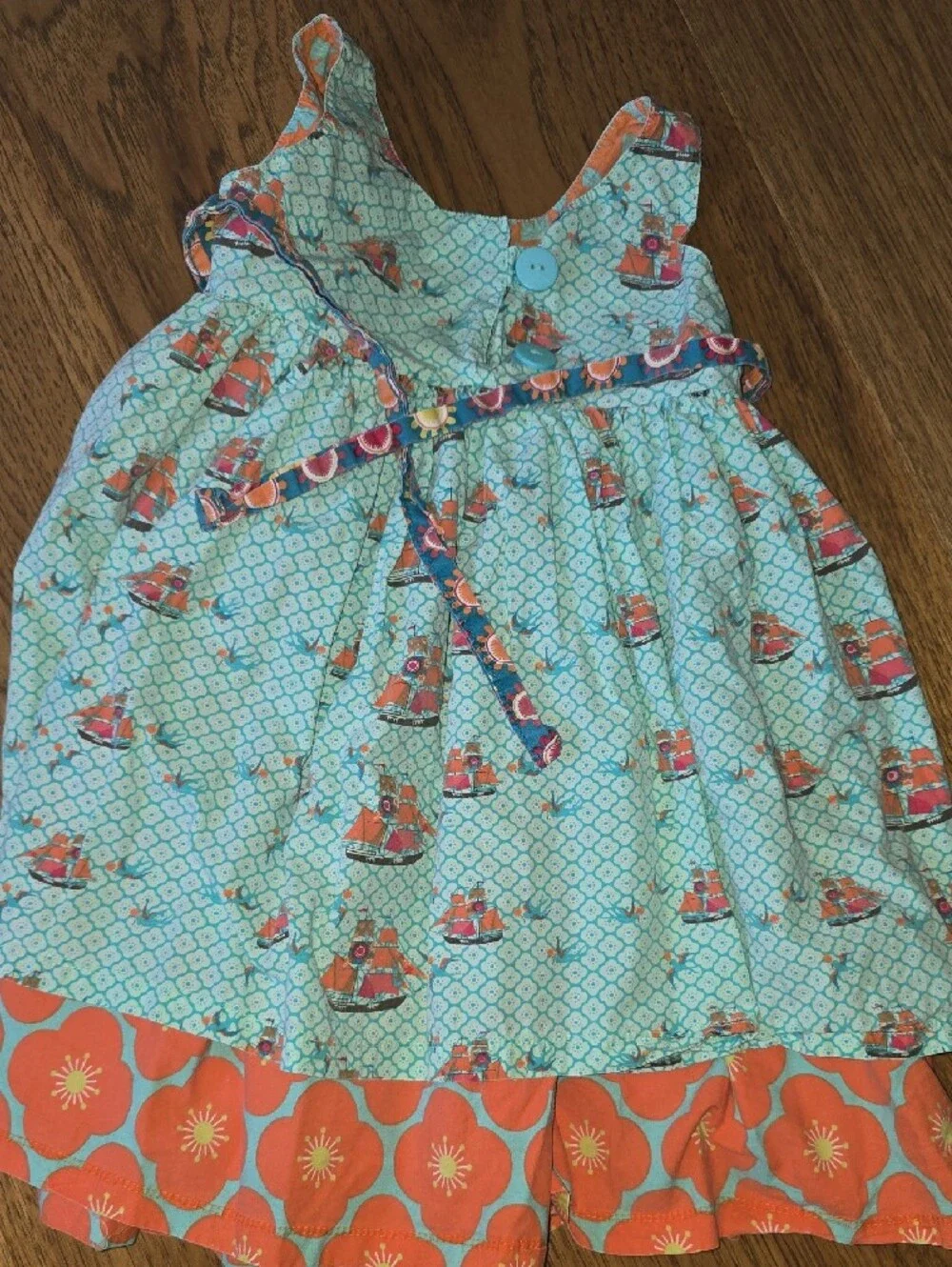 Jelly The Pug Turquoise & Coral Sailboat Print Poufy Sundress